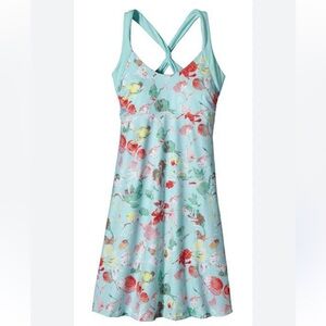 Patagonia women’s blue floral morning glory cross strap dress size large EUC
